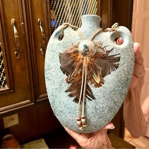 Handcrafted Textured Southwest Flask Decorated with Feathers, Leather and Bead